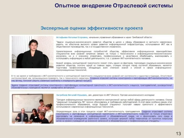 Экспертные оценки эффективности проекта Опытное внедрение Отраслевой системы