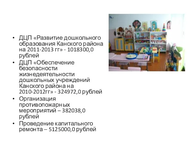 ДЦП «Развитие дошкольного образования Канского района на 2011-2013 гг» - 1018300,0 рублей