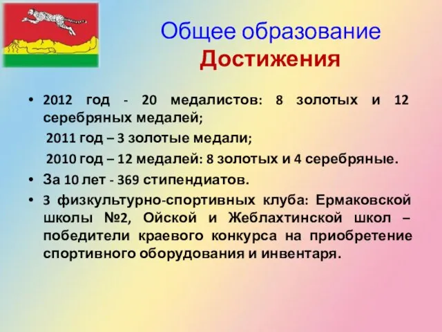 Общее образование Достижения 2012 год - 20 медалистов: 8 золотых и 12