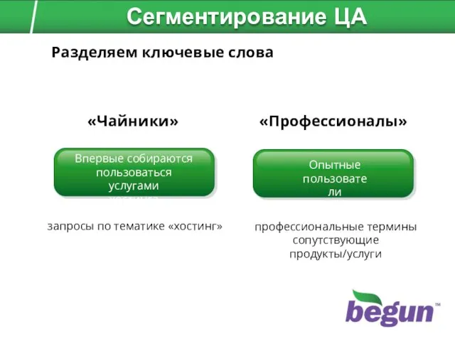 Разделяем ключевые слова запросы по тематике «хостинг» «Чайники» «Профессионалы» профессиональные термины сопутствующие