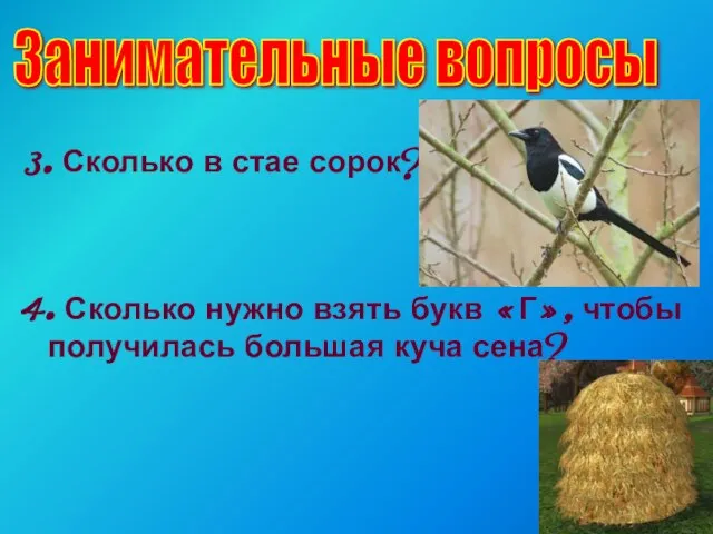 Занимательные вопросы 3. Сколько в стае сорок? 4. Сколько нужно взять букв