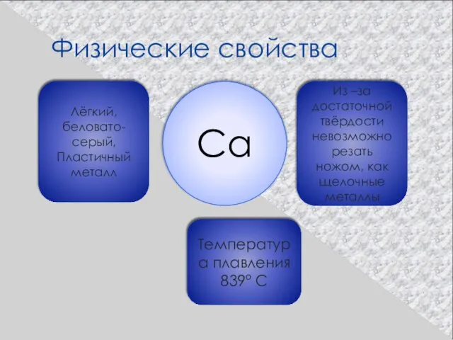 Физические свойства Ca Лёгкий, беловато-серый, Пластичный металл Из –за достаточной твёрдости невозможно