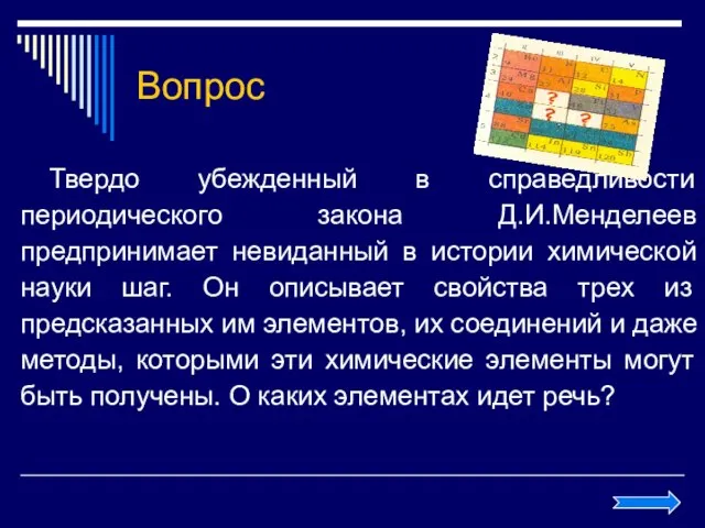 Вопрос Твердо убежденный в справедливости периодического закона Д.И.Менделеев предпринимает невиданный в истории