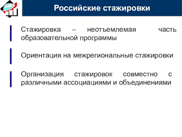 Организация стажировок совместно с различными ассоциациями и объединениями Ориентация на межрегиональные стажировки