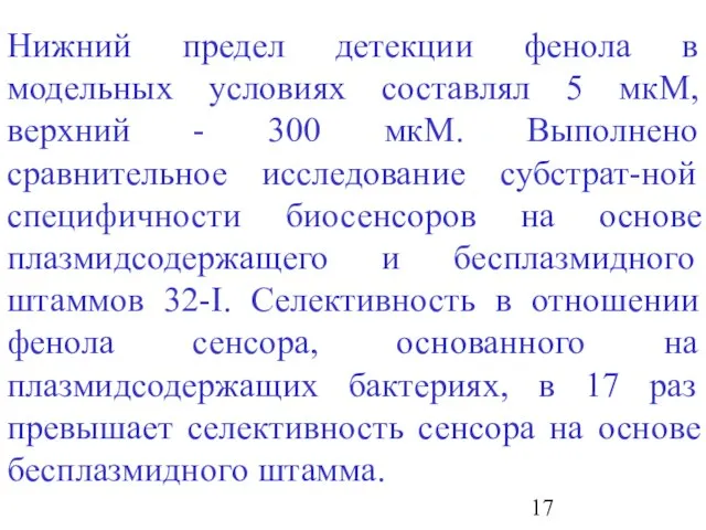 Нижний предел детекции фенола в модельных условиях составлял 5 мкМ, верхний -