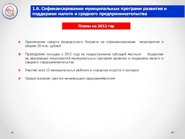 1.6. Софинансирование муниципальных программ развития и поддержки малого и среднего предпринимательства Планы