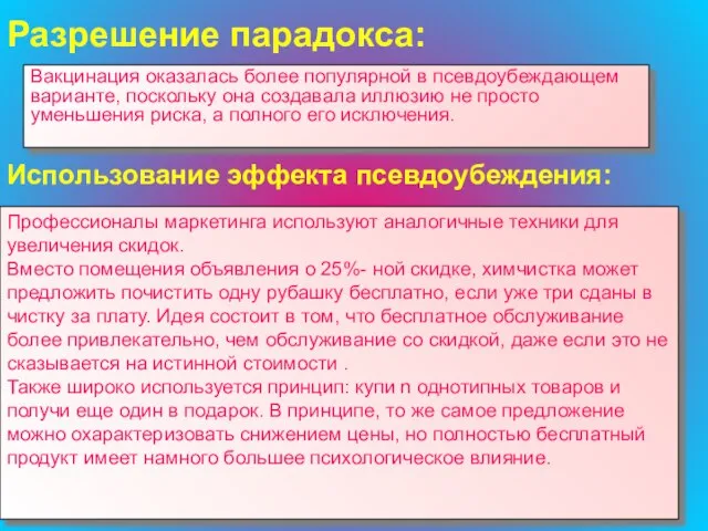 Разрешение парадокса: Использование эффекта псевдоубеждения: Вакцинация оказалась более популярной в псевдоубеждающем варианте,