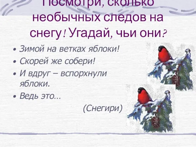 Посмотри, сколько необычных следов на снегу! Угадай, чьи они? Зимой на ветках