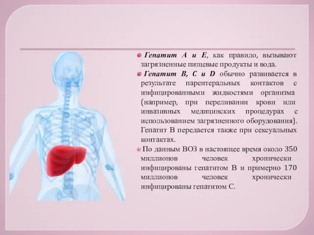 Гепатит А и Е, как правило, вызывают загрязненные пищевые продукты и вода.