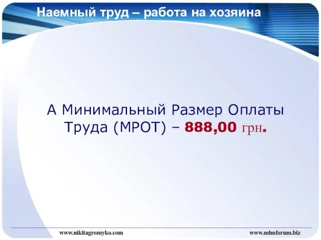 Наемный труд – работа на хозяина А Минимальный Размер Оплаты Труда (МРОТ) – 888,00 грн.