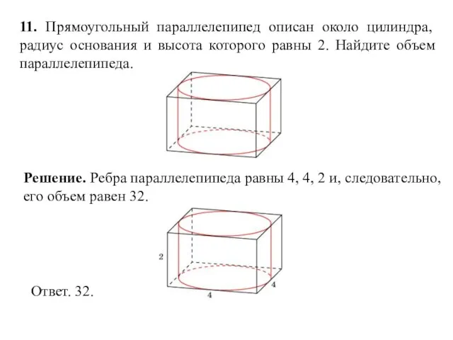 11. Прямоугольный параллелепипед описан около цилиндра, радиус основания и высота которого равны 2. Найдите объем параллелепипеда.