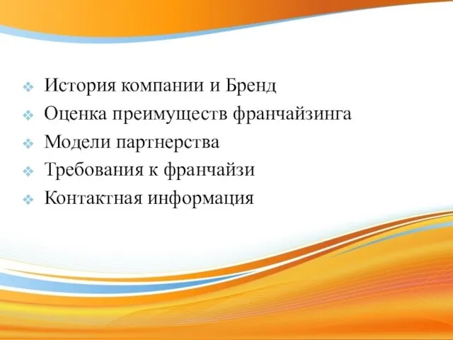 История компании и Бренд Оценка преимуществ франчайзинга Модели партнерства Требования к франчайзи Контактная информация