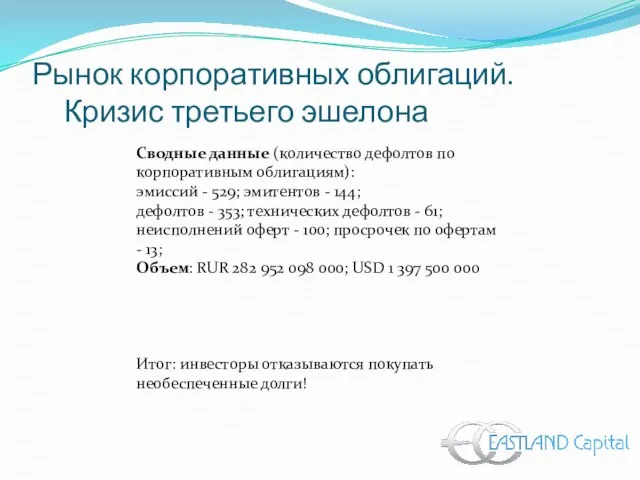 Сводные данные (количество дефолтов по корпоративным облигациям): эмиссий - 529; эмитентов -