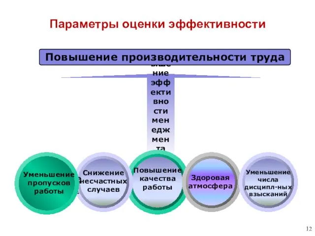 Параметры оценки эффективности Повышение эффективности менеджмента Повышение производительности труда Повышение качества работы Здоровая атмосфера Снижение заболева