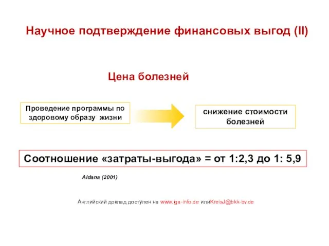 Научное подтверждение финансовых выгод (II) Цена болезней Английский доклад доступен на www.iga-info.de