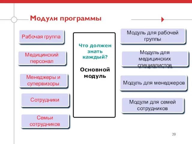 Модули программы Рабочая группа Медицинский персонал Менеджеры и супервизоры Сотрудники Семьи сотрудников