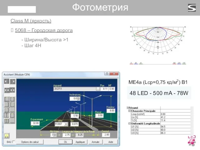 Class M (яркость) 5068 – Городская дорога Ширина/Высота >1 Шаг 4H ME4a (Lср=0,75 кд/м2) В1 Фотометрия