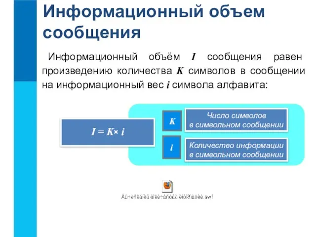 Информационный объем сообщения Информационный объём I сообщения равен произведению количества K символов