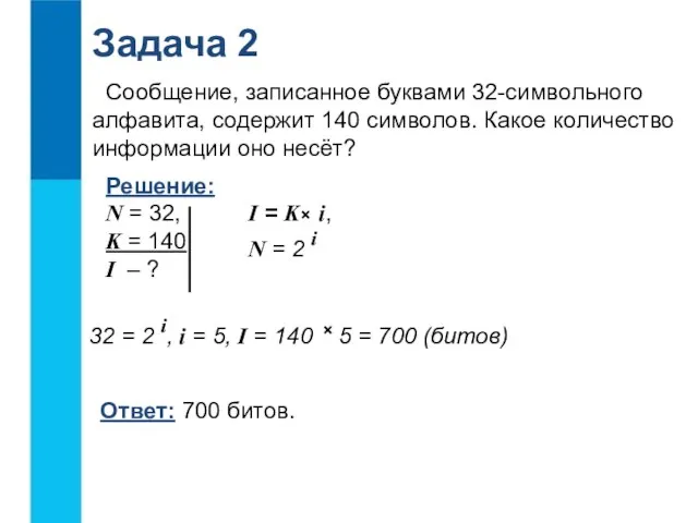 Сообщение, записанное буквами 32-символьного алфавита, содержит 140 символов. Какое количество информации оно