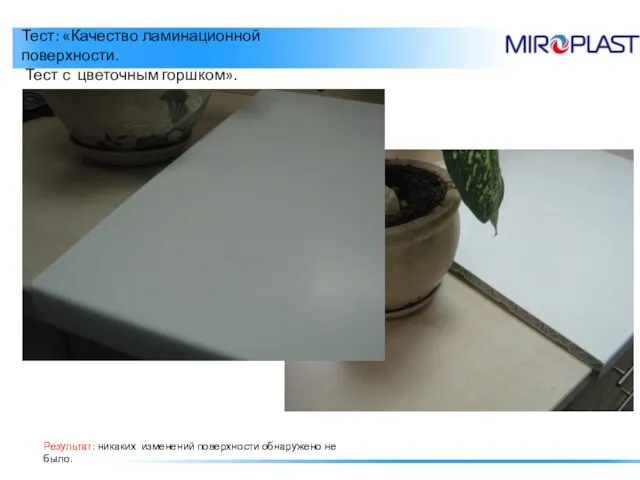 Тест: «Качество ламинационной поверхности. Тест с цветочным горшком». Результат: никаких изменений поверхности обнаружено не было.