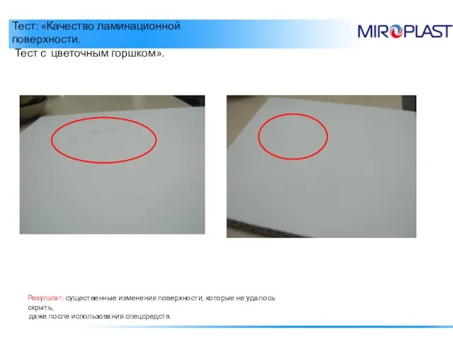 Тест: «Качество ламинационной поверхности. Тест с цветочным горшком». Результат: существенные изменения поверхности,