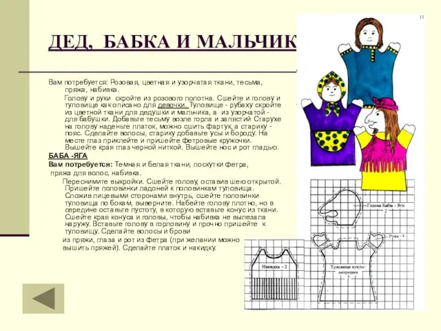 ДЕД, БАБКА И МАЛЬЧИК Вам потребуется: Розовая, цветная и узорчатая ткани, тесьма,