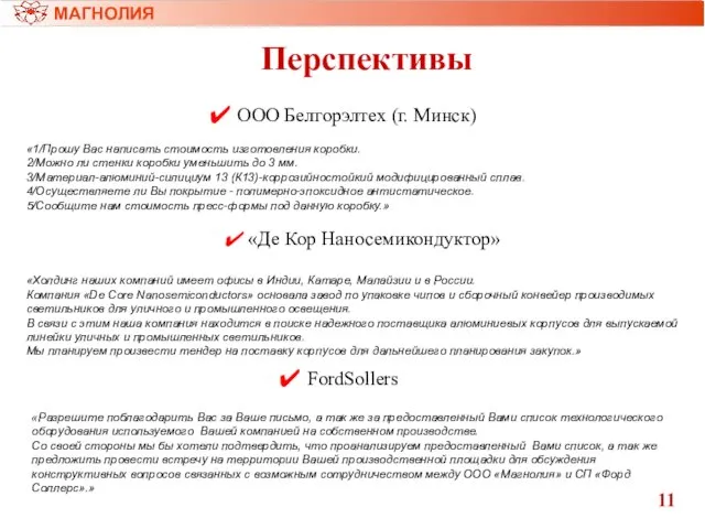 Перспективы МАГНОЛИЯ 11 ООО Белгорэлтех (г. Минск) «1/Прошу Вас написать стоимость изготовления