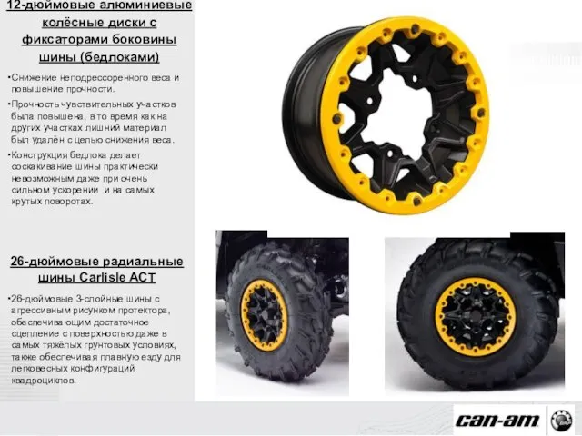 12-дюймовые алюминиевые колёсные диски с фиксаторами боковины шины (бедлоками) Снижение неподрессоренного веса