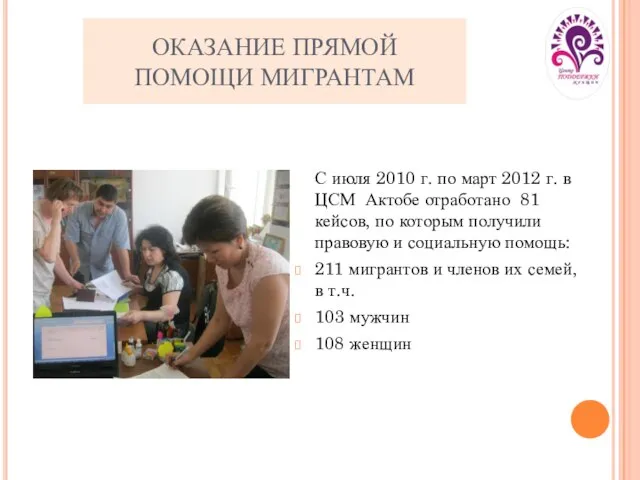 ОКАЗАНИЕ ПРЯМОЙ ПОМОЩИ МИГРАНТАМ С июля 2010 г. по март 2012 г.