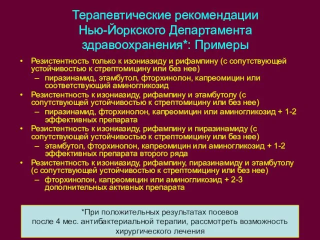 Терапевтические рекомендации Нью-Йоркского Департамента здравоохранения*: Примеры Резистентность только к изониазиду и рифампину