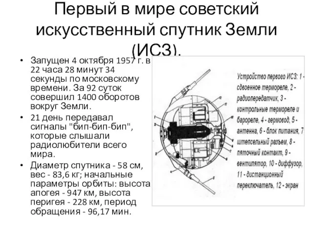 Первый в мире советский искусственный спутник Земли (ИСЗ). Запущен 4 октября 1957