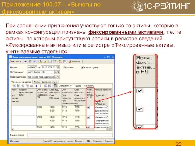 Приложение 100.07 – «Вычеты по фиксированным активам» При заполнении приложения участвуют только