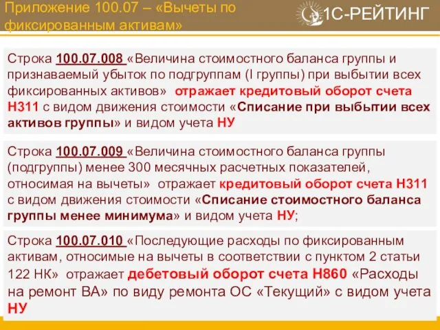 Приложение 100.07 – «Вычеты по фиксированным активам» Строка 100.07.008 «Величина стоимостного баланса