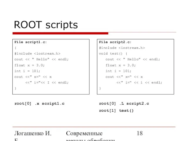 Логашенко И.Б. Современные методы обработки экспериментальных данных ROOT scripts File script1.c: {