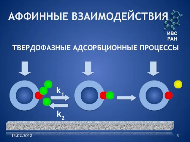 13.02.2012 ИВС РАН АФФИННЫЕ ВЗАИМОДЕЙСТВИЯ ТВЕРДОФАЗНЫЕ АДСОРБЦИОННЫЕ ПРОЦЕССЫ k1 k2