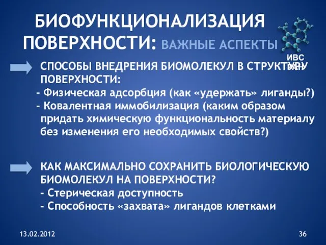 13.02.2012 ИВС РАН БИОФУНКЦИОНАЛИЗАЦИЯ ПОВЕРХНОСТИ: ВАЖНЫЕ АСПЕКТЫ СПОСОБЫ ВНЕДРЕНИЯ БИОМОЛЕКУЛ В СТРУКТУРУ