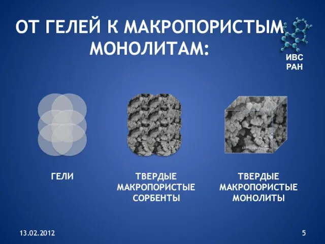 13.02.2012 ИВС РАН ОТ ГЕЛЕЙ К МАКРОПОРИСТЫМ МОНОЛИТАМ: ГЕЛИ ТВЕРДЫЕ МАКРОПОРИСТЫЕ СОРБЕНТЫ ТВЕРДЫЕ МАКРОПОРИСТЫЕ МОНОЛИТЫ