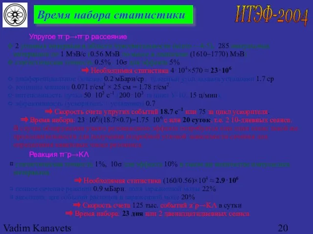 Vadim Kanavets (ITEP) for pp2pp Время набора статистики Упругое π–p→π–p рассеяние 2