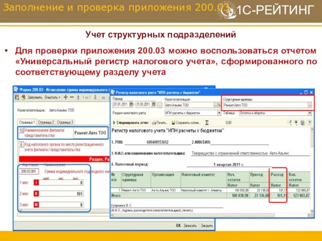 Учет структурных подразделений Для проверки приложения 200.03 можно воспользоваться отчетом «Универсальный регистр