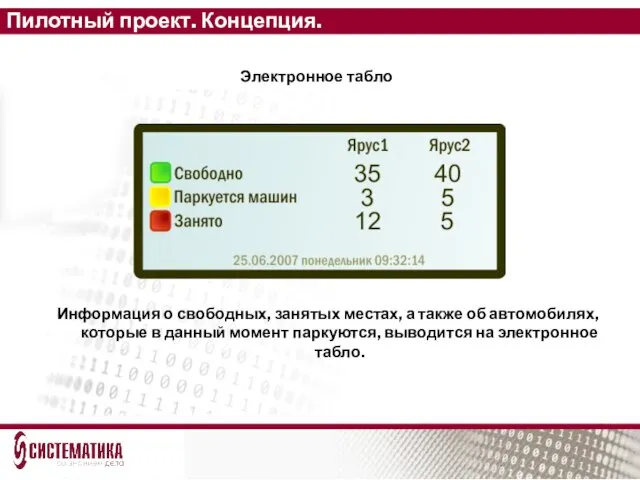 Пилотный проект. Концепция. Информация о свободных, занятых местах, а также об автомобилях,