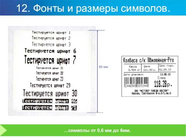 12. Фонты и размеры символов. 60 мм