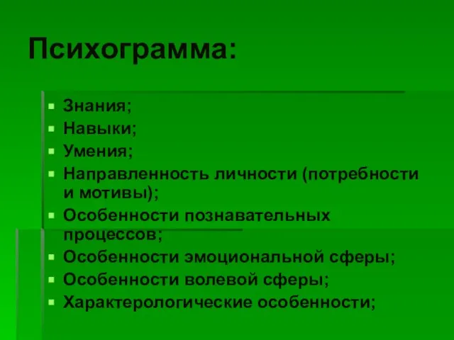 Психограмма: Знания; Навыки; Умения; Направленность личности (потребности и мотивы); Особенности познавательных процессов;