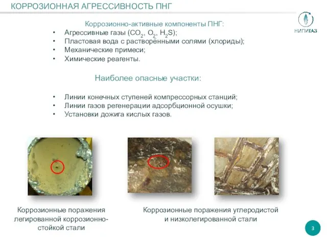 3 КОРРОЗИОННАЯ АГРЕССИВНОСТЬ ПНГ Коррозионно-активные компоненты ПНГ: Агрессивные газы (СО2, О2, Н2S);