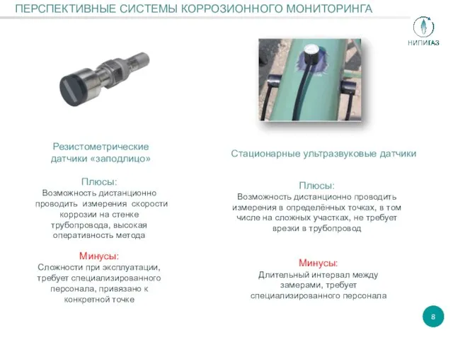 ПЕРСПЕКТИВНЫЕ СИСТЕМЫ КОРРОЗИОННОГО МОНИТОРИНГА Резистометрические датчики «заподлицо» Стационарные ультразвуковые датчики 8 Плюсы: