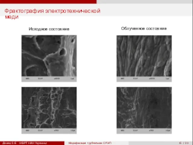 15 / 20 Фрактография электротехнической меди Исходное состояние Облученное состояние Донец С.Е.