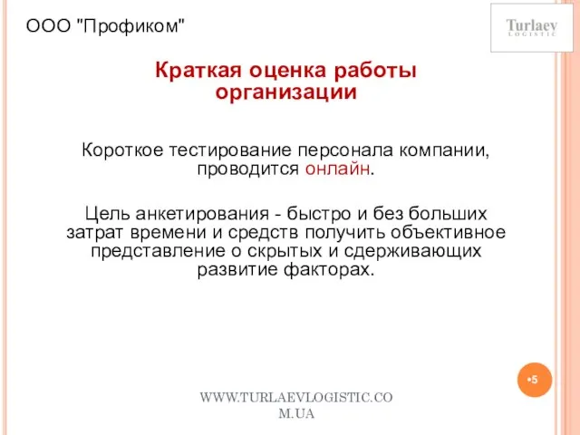 WWW.TURLAEVLOGISTIC.COM.UA ООО "Профиком" Краткая оценка работы организации Короткое тестирование персонала компании, проводится