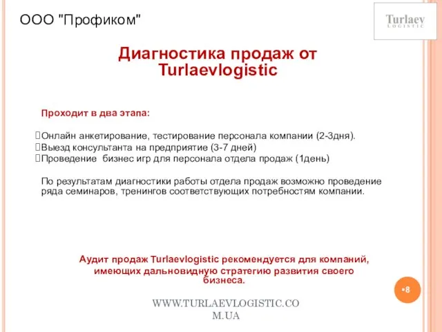 WWW.TURLAEVLOGISTIC.COM.UA ООО "Профиком" Диагностика продаж от Turlaevlogistic Проходит в два этапа: Онлайн