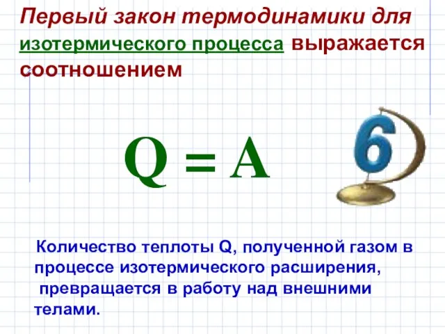 Первый закон термодинамики для изотермического процесса выражается соотношением Q = A Количество