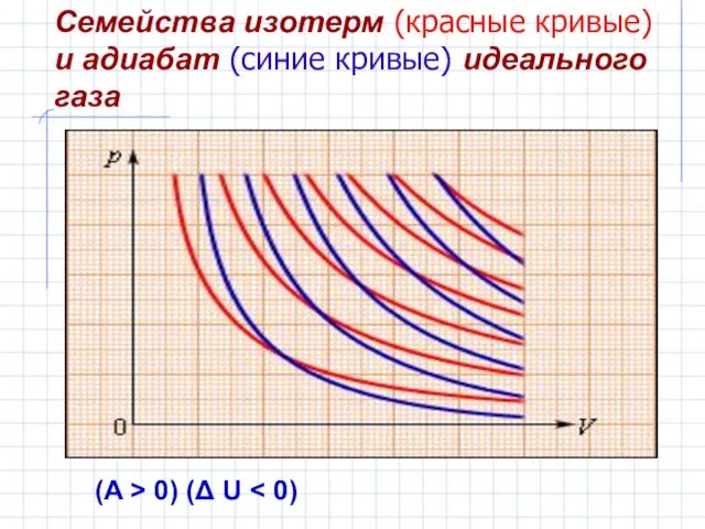 Семейства изотерм (красные кривые) и адиабат (синие кривые) идеального газа (A > 0) (Δ U