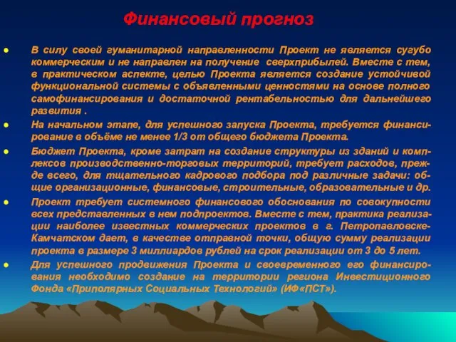 Финансовый прогноз В силу своей гуманитарной направленности Проект не является сугубо коммерческим